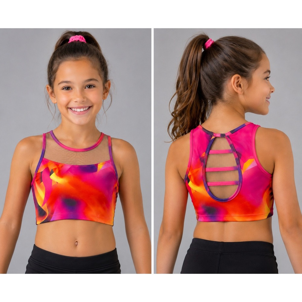 Girls Dance Crop Top Abstract Pink Orange Mesh Ladder Back Gymnastics XS Child